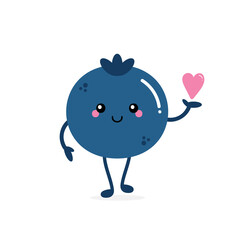 Wall Mural - Cute cartoon style blueberry character holding in hand pink heart. Love, appreciation and support concept.
