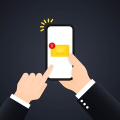 Poster - New email notification on mobile phone, smartphone screen. Hand holds a mobile phone with envelope on the screen. Vector on isolated background. EPS 10