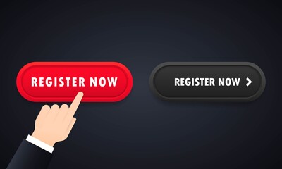 Poster - Hand push the button register now. Register now button icon set. For website. Registration. Vector on isolated background. EPS 10
