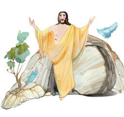 Illustration of Easter Jesus Christ is risen, coffin, cave of resurrection, isolated on white background watercolor hand drawn.. For Easter publications, print, edition, banner. Religious church bord