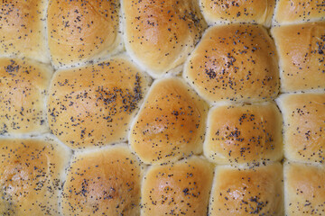 Full frame photo of baked bread buns as food background. Poppy seed are seen on top.