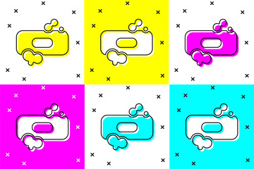 Poster - Set Bar of soap icon isolated on color background. Soap bar with bubbles. Vector Illustration.