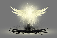 White Angle Wings Glowing In Air Above Defeated Black Demon Wings