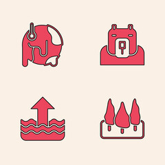 Sticker - Set Forest, Global warming, Polar bear head and Rise water level icon. Vector.