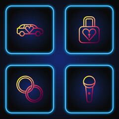 Sticker - Set line Microphone, Wedding rings, Limousine car and Lock and heart. Gradient color icons. Vector.