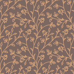 Wall Mural - Seamless pattern with abstract garden roses, with stems, buds and leaves silhouette. Brown background with blossoming outline flowers. Vintage floral hand drawn wallpaper. Vector stock illustration.