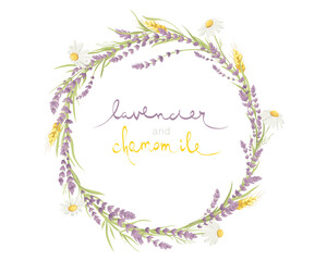 Wall Mural - Cards for Wedding invitation. Vector design element, wreaths of lavender, chamomile and wheat ears, medicinal herbs, calligraphy lettering.	