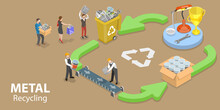3D Isometric Flat Vector Conceptual Illustration Of Metal Recycle Process Infographic, Lifecycle Of A Metal Product.