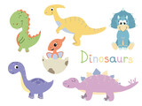 Fototapeta  - Set of cute dinosaurs on white background in flat design. Triceratops, Brontosaurus, Parasaurolophus, Tyrannosaurus, Stegosaurus, and Pterodactyl. Vector illustration with prehistoric wildlife.