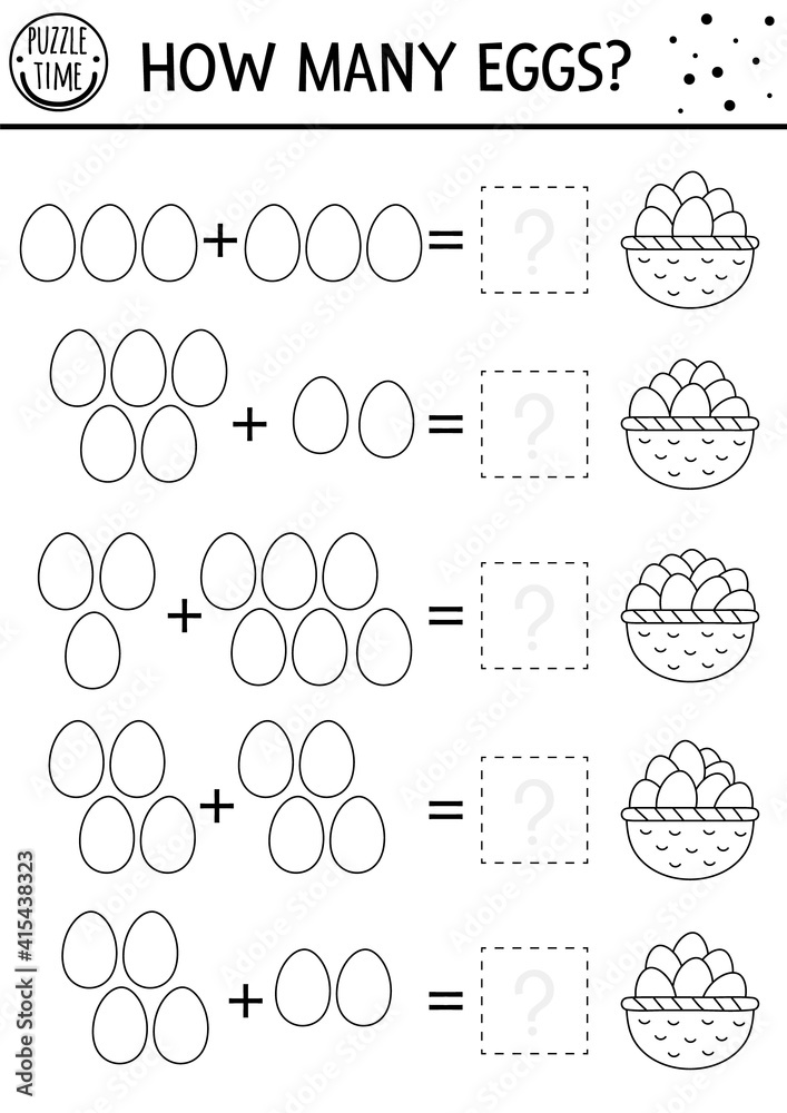 Easter black and white counting game with colored eggs and basket ...