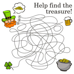 Children's game maze for St. Patrick's day. Help the Leprechaun untangle the tracks and find treasures. Kids activity with cartoon elements. Vector illustration