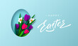 Happy Easter background with paper cut egg and spring flowers tulip and narcissus, hand written lettering. Turquoise floral background. Vector.