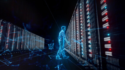 Poster - 3d rendered illustration of Database Adminstrator Front of big Server v2. High quality 3d illustration