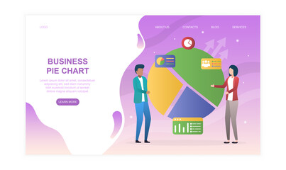 Poster - male and female characters are working on pie chart together. concept of colorful graphic for better