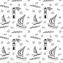 Lighthouse, Sea ​​waves And Boats.  Black White Doodle Seamless Vector Pattern. Simple Hand Drawn Illustration For Fabric Design, Wallpaper, Mugs