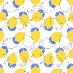 Sticker - Seamless pattern with lemons. Simple blue-yellow summer pattern with citrus fruit. Flat elements. Transparent background. For design of kitchen accessories, clothing, and food packaging.