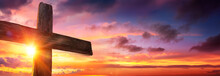 Crucifixion Of Jesus  - Wooden Cross As Sunset