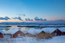 Red Seahouse In Winter Landscape - Vega Island In The Background,Brønnøysund,Helgeland,Nordland County,Norway,scandinavia,Europe