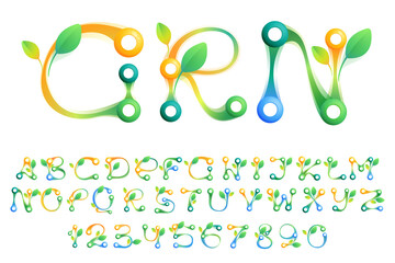 Eco alphabet and numbers set with colorful spheres or dots and connecting lines.
