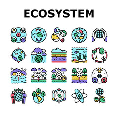 Wall Mural - Ecosystem Environment Collection Icons Set Vector. Ecosystem And Ecology, Biodiversity And Life Cycle, Biosphere And Atmosphere Concept Linear Pictograms. Contour Color Illustrations