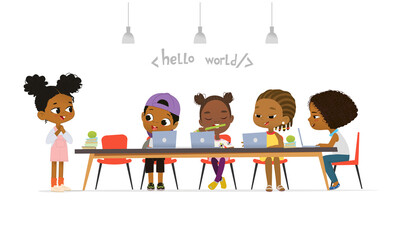 Happy African American children sitting at laptops and learning programming during school lesson. Coding for kids concept. Vector illustration for website, advertisement, poster.