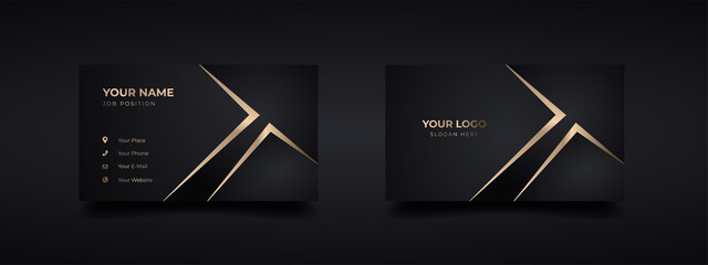 Wall Mural - Luxury dark business card logo mockup with modern gold embossed and debossed effect. Vector elegant cards golden design template.