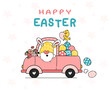 © Natsicha - Cute bunny Gnome cartoon and yellow chick baby in pink truck car with Easter eggs. Happy Easter, Cute doodle cartoon vector spring Easter