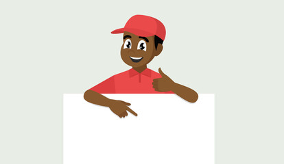 Wall Mural - African Man in uniform pointing at banner over white. Portrait of Delivery man