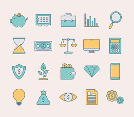 Canvas Print - set of finance and invest icons on a light pink background