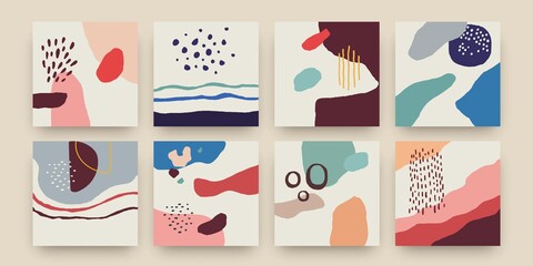Poster - Abstract scribble banners. Modern doodle pattern with cute hand drawn geometric shapes. Bright organic forms square posters natural colors social media post background. Vector contemporary collage set