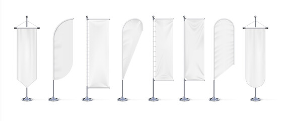Wall Mural - textile banner flag. realistic blank white fabric signs mockup for advertising, outdoor exhibition c