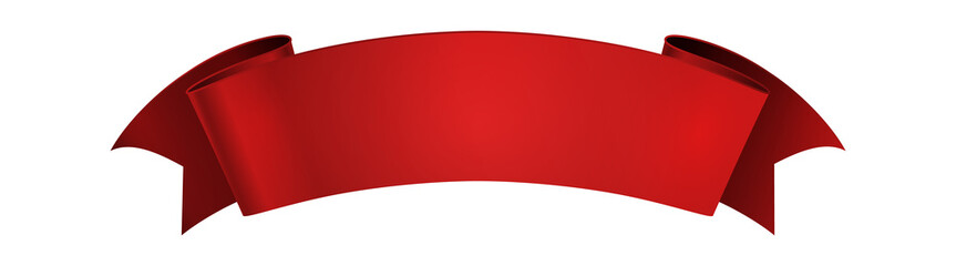 Realistic red ribbon. Empty shine curled paper or satin decorative element, festive or advertisement wavy elegance tape, blank decor with copy space. Glossy vector banner isolated on white background