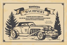 Vintage Newspaper Banner. Machinery Manufacture Poster On Aged Yellow Newsprint. Hand Drawn Retro Automobile And Advertising Slogan. Sale Of Vehicles, Old-fashioned Promo Flyer. Vector Illustration