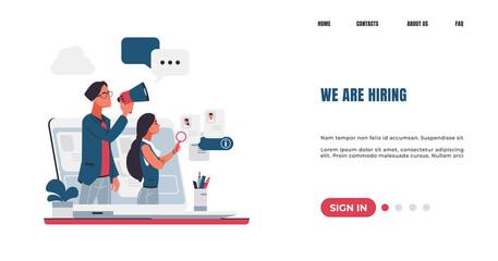 Fototapete - Workers hiring landing page. Recruitment concept. Vacancy announcement. Staff recruiting. HR managers searching employees for company. Job interview with candidates. Vector website UI design mockup