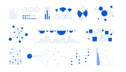 Minimal infographic. Simple schemes and diagrams for information visualization. Blue geometric silhouettes of graphic elements for business presentation. Vector contour scales and indicators set