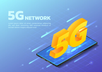 Poster - Isometric Web Banner Smartphone with 5G Hi Speed Internet Network