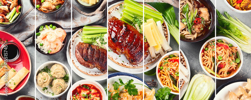 Obraz Dibond Collage of assorted Chinese food on light gray background. Asian food concept.