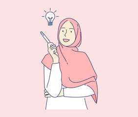 happy woman have ideas vector illustration concept, muslim girl holding pencil with light bulb hand drawn isolated, can use for, landing page, template, ui, web, homepage, poster, banner, flyer