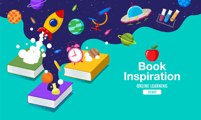 Book Inspiration, Back to school, Planet science, learning from home, vector illustration.