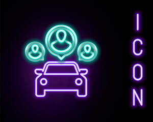 Glowing neon line Car sharing with group of people icon isolated on black background. Carsharing sign. Transport renting service concept. Colorful outline concept. Vector.