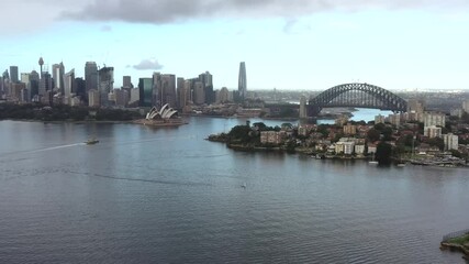 Wall Mural - Sydney Harbour and skyline of city CBD waterfront in aerial 4k flying.
