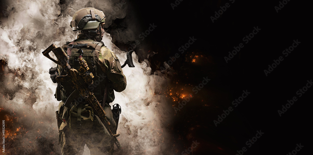 The fighter of the special unit turned and threateningly looks at the ...