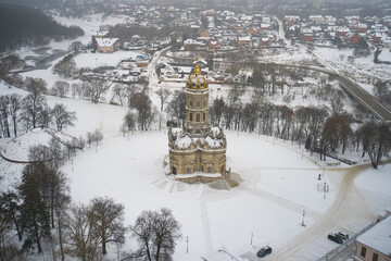 Wall Mural - Scenic aerial view of old unique orthodox Church of the Sign of the Most Holy Mother of God made in the style of European Baroque in Dubrovitsy in Moscow oblast in Russian Federation