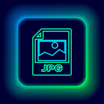 Glowing neon line JPG file document. Download image button icon isolated on black background. JPG file symbol. Colorful outline concept. Vector.