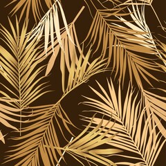 Luxurious botanical tropical leaf background gold colors. Exotic foliage seamless pattern with gradient effect. Hand drawn  illustration on black background.