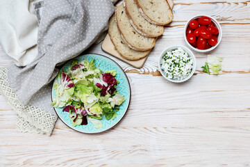 Sticker - Breakfast table with fresh salad, cottage and bread