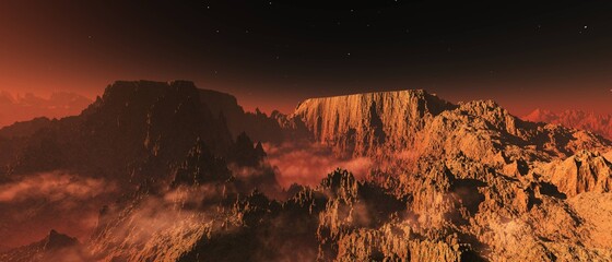 Wall Mural - Alien surface of the planet at sunrise, Martian sunset, Mars at sunset, Sunrise on Mars, 3D rendering