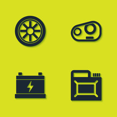 Set Car wheel, Canister for motor oil, battery and headlight icon. Vector.