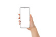 © ActionGP - Close up cropped view photo picture of woman's hand holding showing blank empty screen of her smart telephone isolated white color backdrop