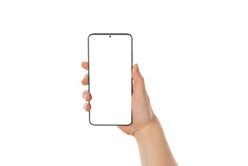 Close up cropped view photo picture of woman's hand holding showing blank empty screen of her smart telephone isolated white color backdrop